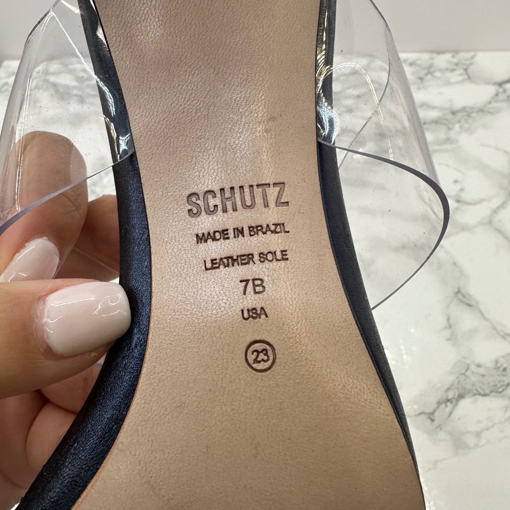 Schutz Ariella Mule Women 7B Navy Blue Clear Double Strap Stiletto Heel Party - Picture 6 of 6